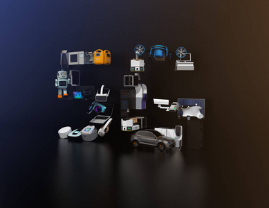 藍色背景上的智能設(shè)備。互聯(lián)網(wǎng)的東西和家庭自動化的概念。消費產(chǎn)品。3d 渲染圖像